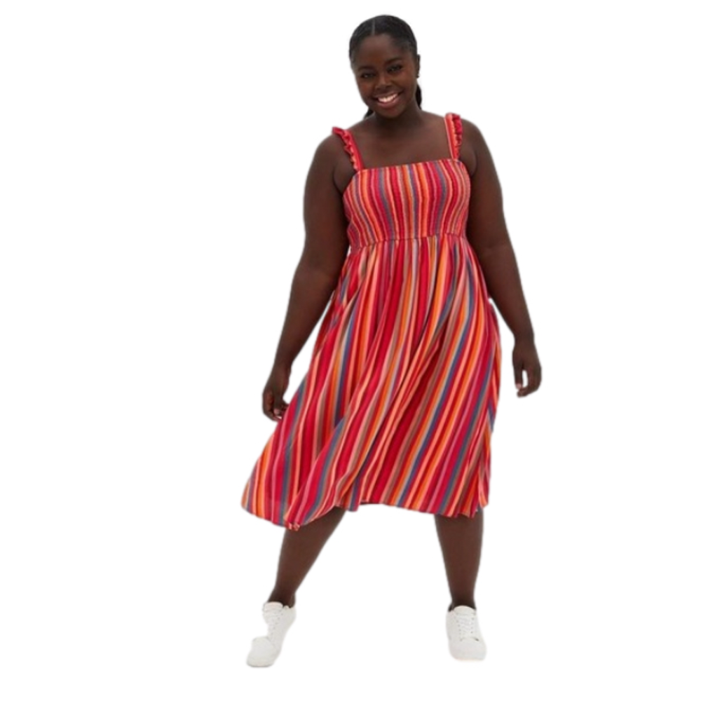 Torrid New Size‎ 2X Striped Pink Midi Challis Smocked Tiered Lined Dress Summer